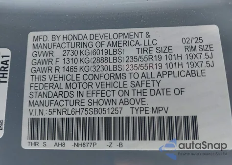 2025 Honda Odyssey Sport-L z USA, uszkodzony, nr VIN 5FNRL6H75SB051257